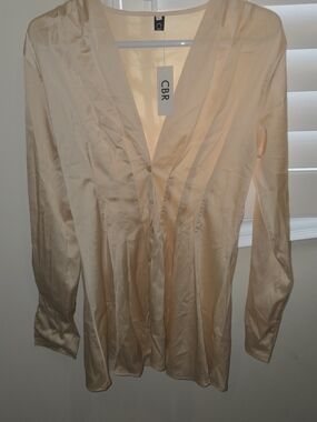 CBR Women's Cream Satin V-Neck Blouse with Single Front Button
